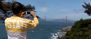 Student taking photo of the Golden Gate Bridge.