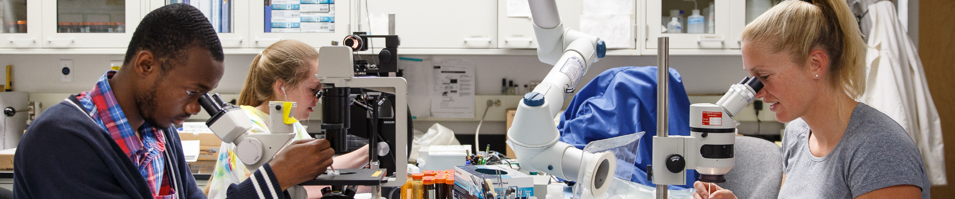 students using microscopes in a campus lab