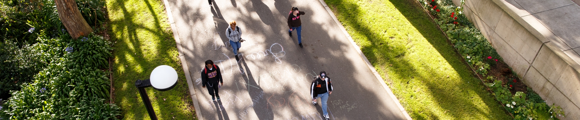 Shot from above of students walking to class